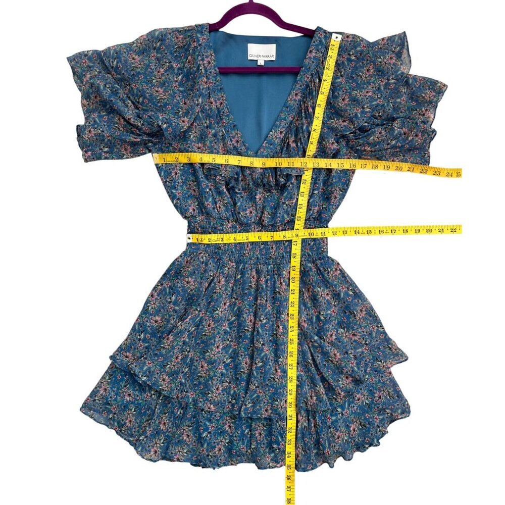 Gilner Farrar Blue Floral Smocked Mini Dress Tiered Ruffle Flutter Sleeve Large - Picture 7 of 8